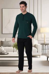 Mecit Pijama - Yeşil %100 Pamuk Erkek Büyük Beden Pijama Takımı