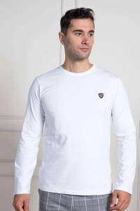 Mecit Pijama - Beyaz Bisiklet Yaka Uzun Kollu Likralı Pamuk Erkek T-Shirt