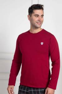 Mecit Pijama - Bordo Bisiklet Yaka Uzun Kollu Likralı Pamuk Erkek T-Shirt