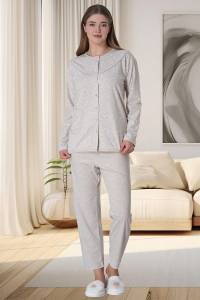 Mecit Pijama - Vizon Kadın Büyük Beden Boydan Düğmeli Pijama Takımı