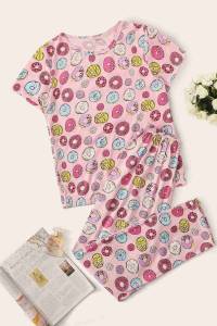 Pembe Kısa Kollu Alt Uzun Donut Baskılı Pijama Takımı - Thumbnail