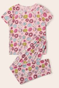 Pembe Kısa Kollu Alt Uzun Donut Baskılı Pijama Takımı - Thumbnail
