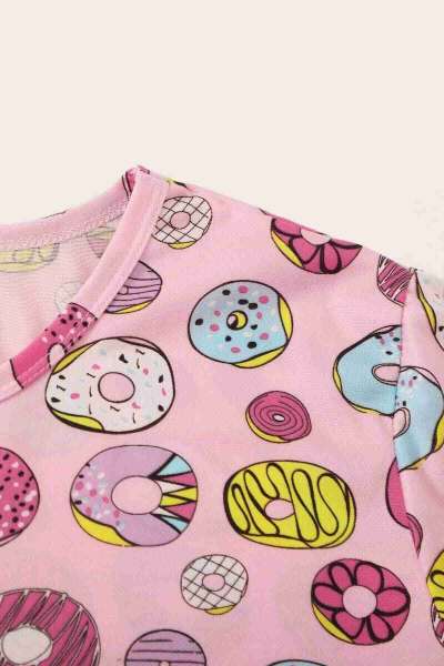 Pembe Kısa Kollu Alt Uzun Donut Baskılı Pijama Takımı