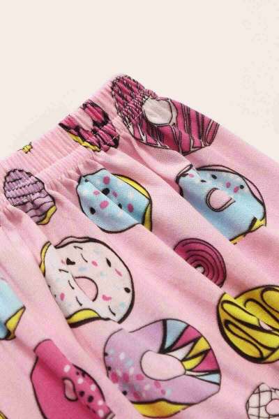 Pembe Kısa Kollu Alt Uzun Donut Baskılı Pijama Takımı