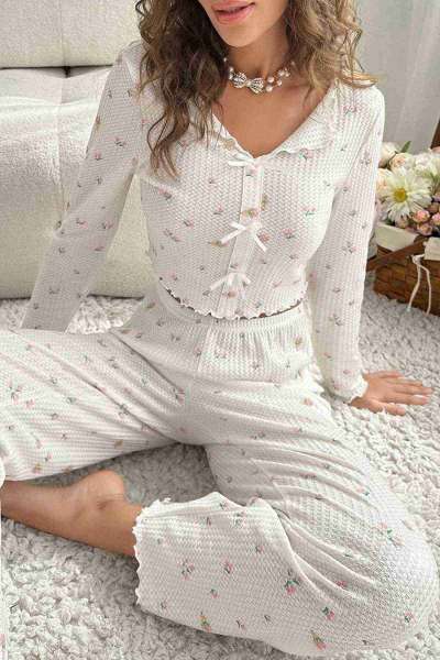 Özel Örme Kumaş Baskılı Uzun Kollu Pijama Takımı