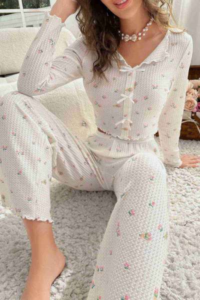 Özel Örme Kumaş Baskılı Uzun Kollu Pijama Takımı