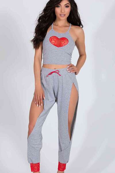 Gri Özel Tasarım Dantel Kalp Tasarımlı Pijama Takım