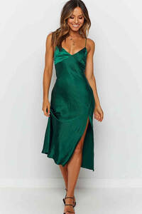 Yeşil Saten Uzun Yırtmaçlı Gecelik Elbise - Thumbnail