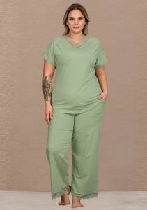 Mint Yeşil Pamuklu Coton Büyük Beden V Yaka Bol Paça Pijama Takımı - Thumbnail