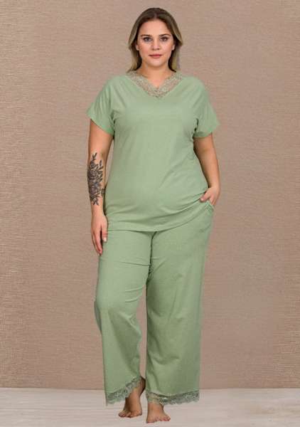 Mint Yeşil Pamuklu Coton Büyük Beden V Yaka Bol Paça Pijama Takımı