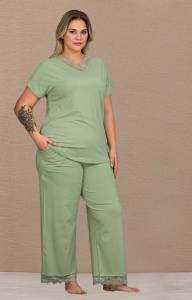 Mint Yeşil Pamuklu Coton Büyük Beden V Yaka Bol Paça Pijama Takımı - Thumbnail