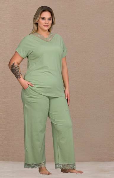 Mint Yeşil Pamuklu Coton Büyük Beden V Yaka Bol Paça Pijama Takımı