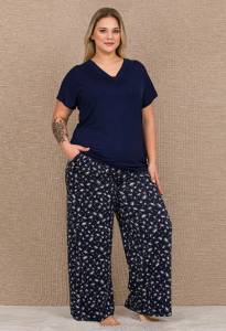 Pamuklu Büyük Beden Kadın V Yaka Bol Paça Pijama Takımı - Thumbnail