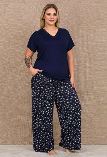 Pamuklu Büyük Beden Kadın V Yaka Bol Paça Pijama Takımı