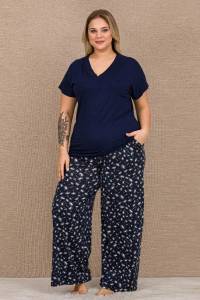 Pamuklu Büyük Beden Kadın V Yaka Bol Paça Pijama Takımı - Thumbnail