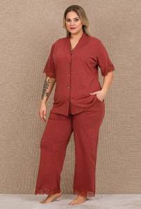 Lady - Pamuklu Kısa Kol Dantelli Önden Düğmeli Büyük Beden Pijama Takımı