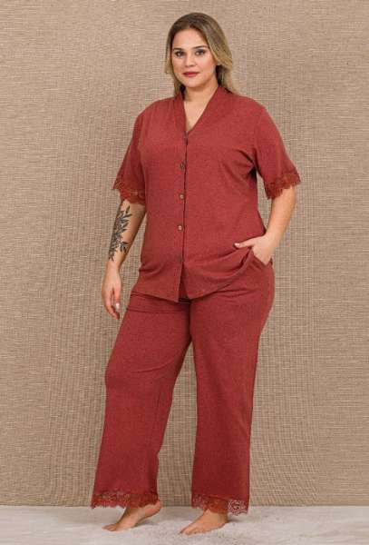 Pamuklu Kısa Kol Dantelli Önden Düğmeli Büyük Beden Pijama Takımı