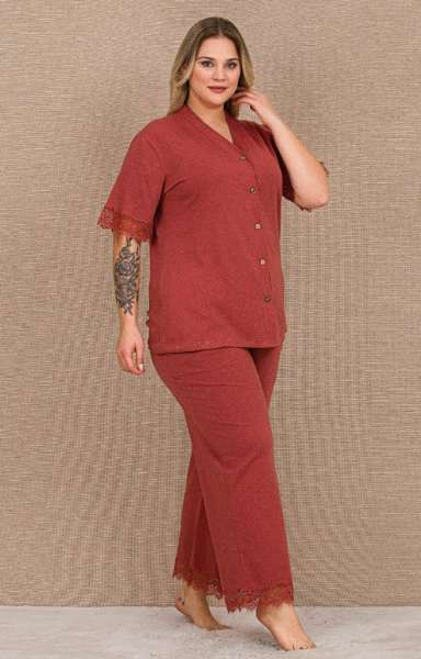 Pamuklu Kısa Kol Dantelli Önden Düğmeli Büyük Beden Pijama Takımı