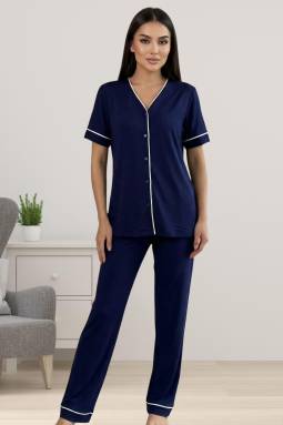 Effortt - Lacivert Pamuklu Kumaş Önden Düğmeli Rahat Kesim Hamile Lohusa Pijama Takımı