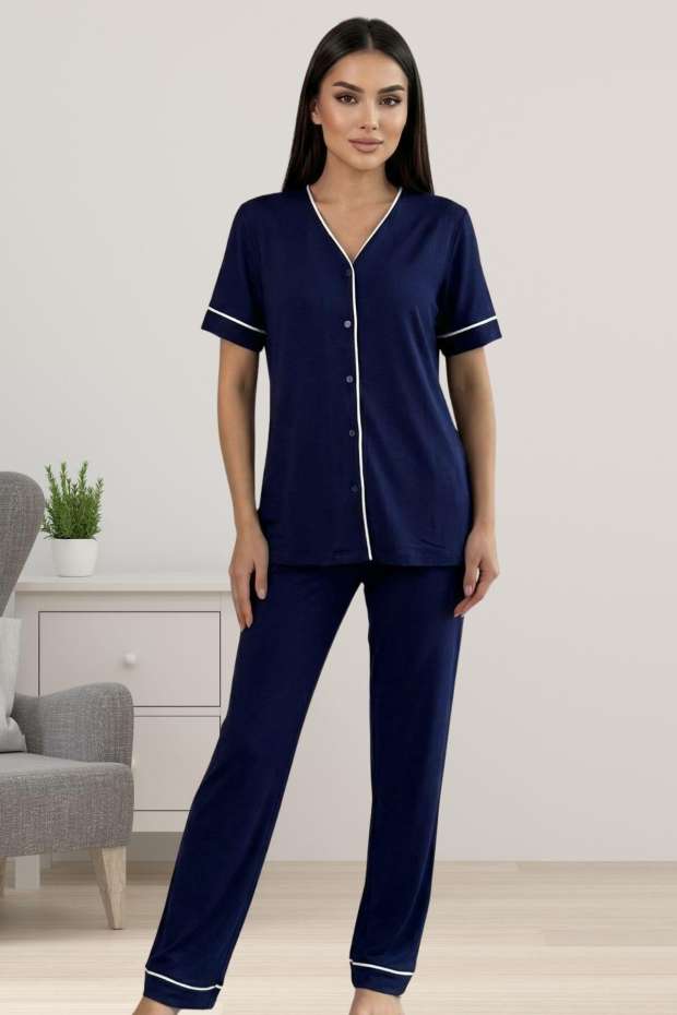 Lacivert Pamuklu Kumaş Önden Düğmeli Rahat Kesim Hamile Lohusa Pijama Takımı
