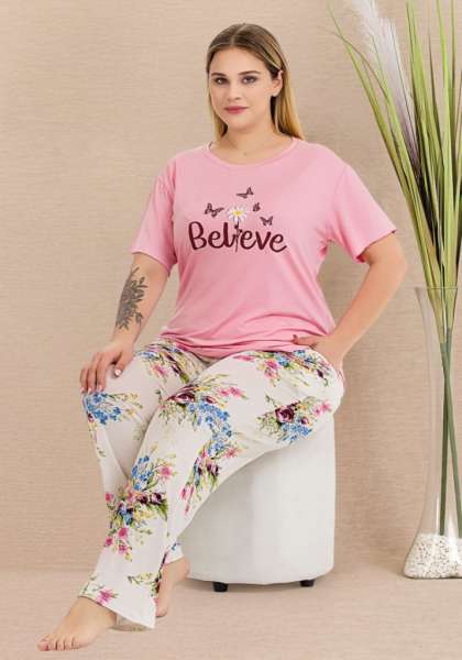 Pembe Büyük Beden Kısa Kollu Desenli Pijama Takımı