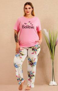 Lady - Pembe Büyük Beden Kısa Kollu Desenli Pijama Takımı (1)