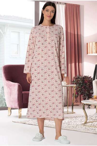 Pembe Çiçekli Büyük Beden Battal Kadın Gecelik