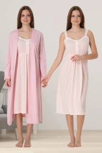 Effortt - Pembe Çizgili Hamile Lohusa Sabahlıklı Gecelik Takım