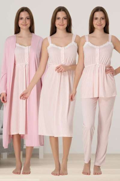 Effortt - Pembe Çizgili Hamile Lohusa Sabahlıklı Gecelik ve Pijama Takımı