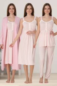 Effortt - Pembe Çizgili Hamile Lohusa Sabahlıklı Gecelik ve Pijama Takımı
