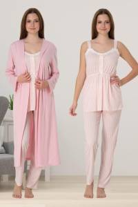Effortt - Pembe Çizgili Hamile Lohusa Sabahlıklı Pijama Takımı