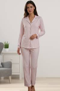 Effortt - Pembe Çizgili Önden Düğmeli Uzun Kollu Kadın Pijama Takımı