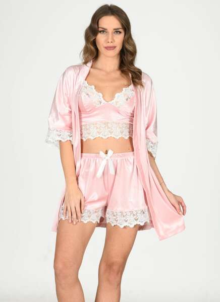Pembe Dantelli Kadife Şort Büstiyer ve Sabahlık Seti
