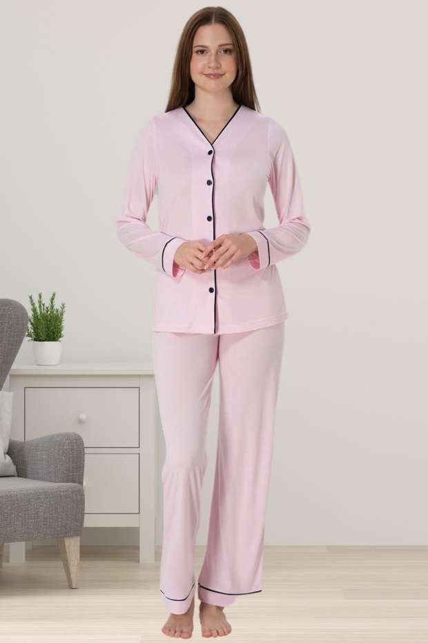 Pembe Hamile Lohusa Önden Düğmeli Pijama Takımı