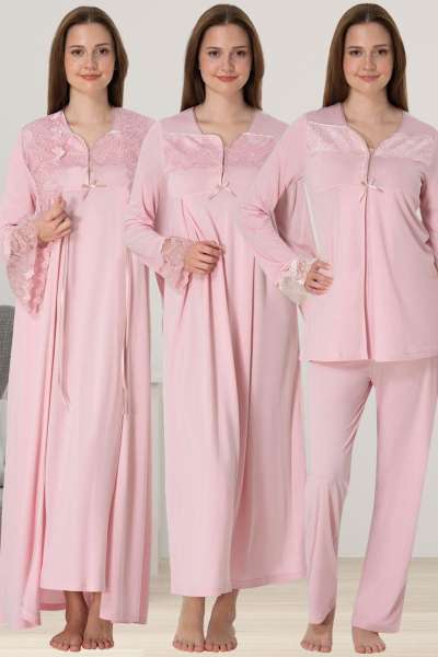 Effortt - Pembe Hamile Lohusa Sabahlıklı Gecelik Pijama Set