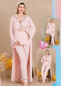 Lady - Pembe Hamile Lohusa Uzun Kollu Sabahlıklı Pijama Takımı