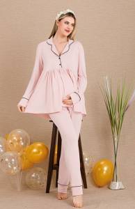 Lady - Pembe Hamile Lohusa Uzun Kollu Sabahlıklı Pijama Takımı (1)