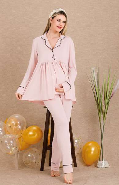 Pembe Hamile Lohusa Uzun Kollu Sabahlıklı Pijama Takımı