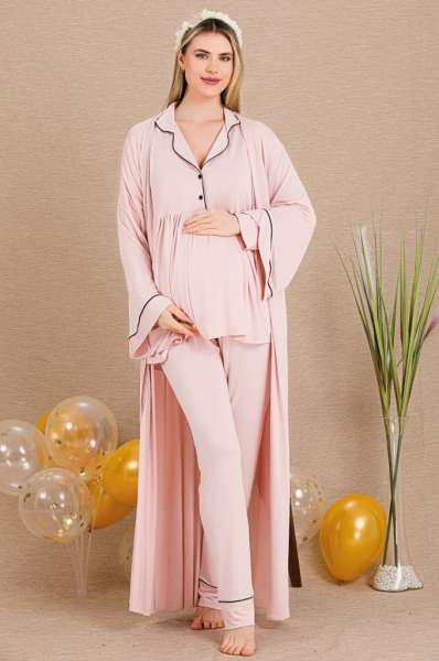 Pembe Hamile Lohusa Uzun Kollu Sabahlıklı Pijama Takımı