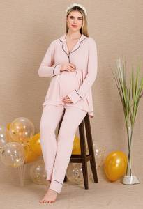 Pembe Hamile Lohusa Uzun Kollu Sabahlıklı Pijama Takımı - Thumbnail