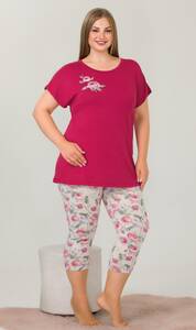 Lady - Pembe Kısa Kollu Büyük Beden Kapri Pijama Takımı