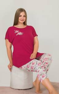 Lady - Pembe Kısa Kollu Büyük Beden Kapri Pijama Takımı (1)