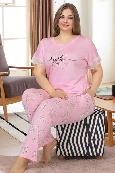 Lady - Pembe Kısa Kollu Büyük Beden Pijama Takımı (1)