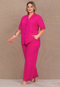 Lady - Pembe Pamuklu Büyük Beden Önden Düğmeli Bol Paça Pijama Takımı (1)