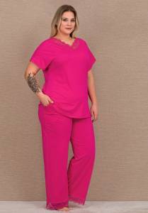 Pembe Pamuklu Büyük Beden V Yaka Bol Paça Pijama Takımı - Thumbnail