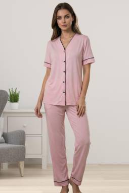Effortt - Pembe Pamuklu Kumaş Önden Düğmeli Rahat Kesim Hamile Lohusa Pijama Takımı