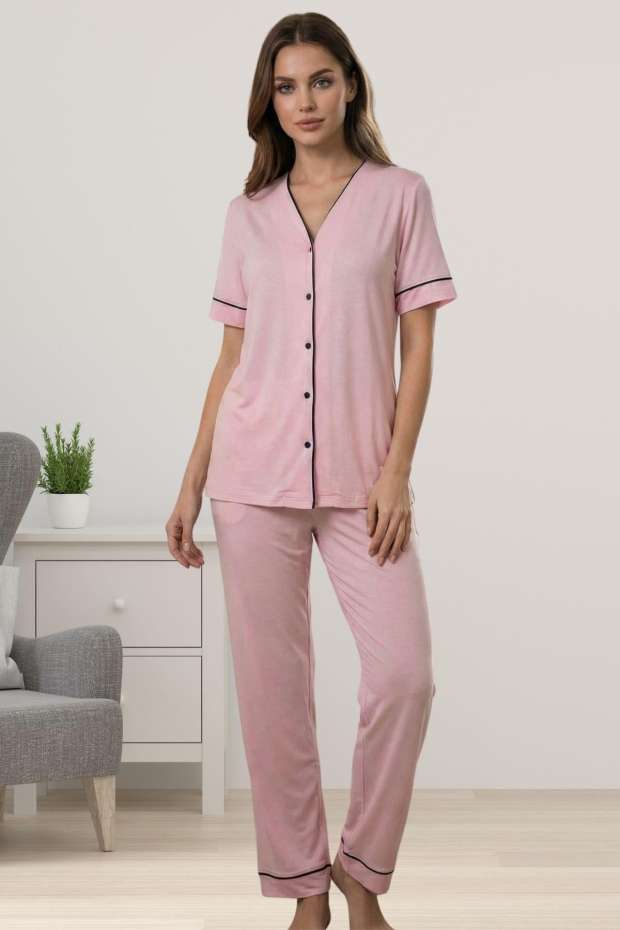 Pembe Pamuklu Kumaş Önden Düğmeli Rahat Kesim Hamile Lohusa Pijama Takımı
