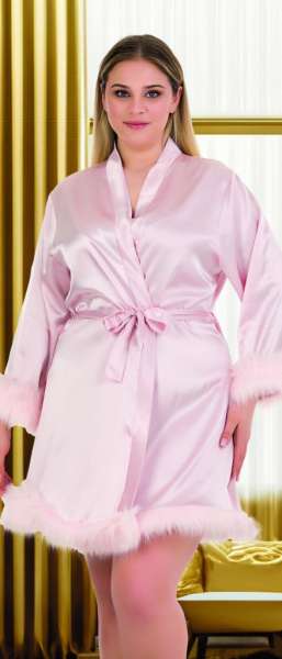 Pembe Tüylü Bride Büyük Beden Sabahlık