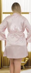 Lady - Pudra Pembe Bride İşlemeli Saten Büyük Beden Sabahlık (1)