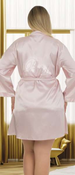Pudra Pembe Bride İşlemeli Saten Büyük Beden Sabahlık